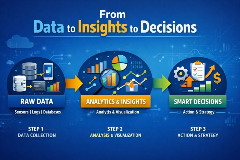 Infographic showing the data analytics process from raw data to insights and smart business decisions